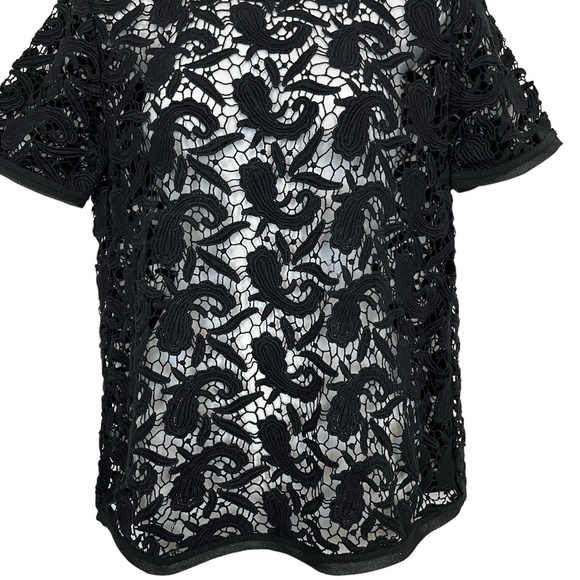 Ann Taylor LOFT Black Paisley Crochet Short Sleeve Sheer Top Blouse Shirt sz M - Picture 4 of 16